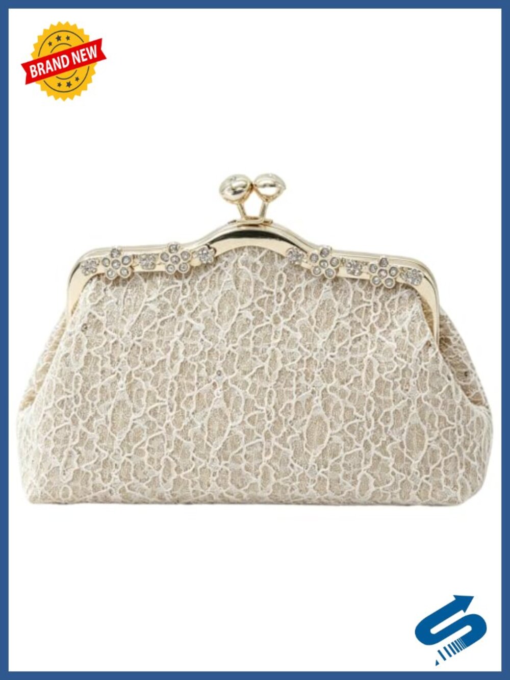 Sequin Lace Evening Clutch with Gold Chain Rhinestone Kiss Lock
